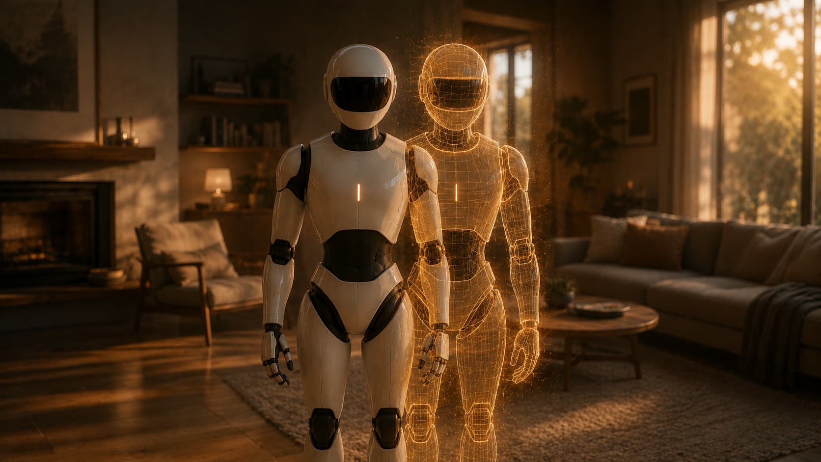 A humanoid robot beside its glowing simulated digital twin in a warm home at dusk