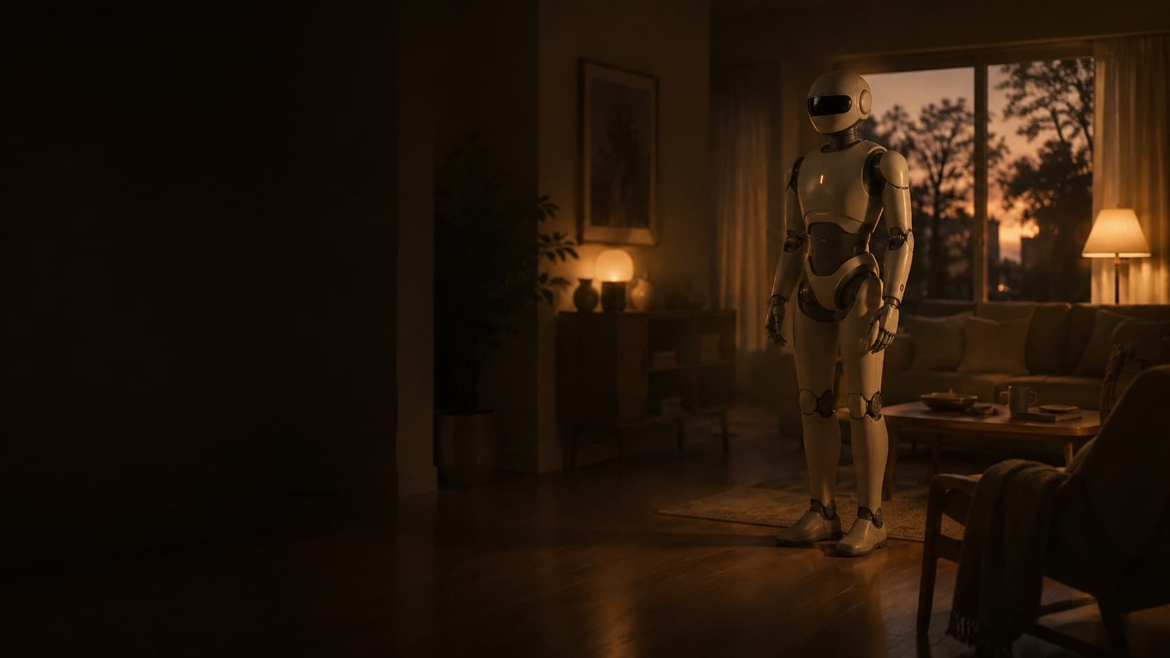 A humanoid robot as a calm presence in a warm home at dusk