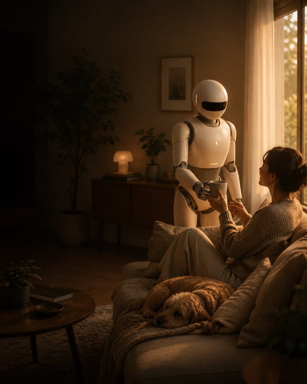 A humanoid robot standing in the doorway of a real home
